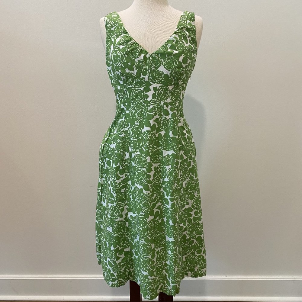 Boden Riviera White and Green Rose Floral Print V Neck Sleeveless Dress